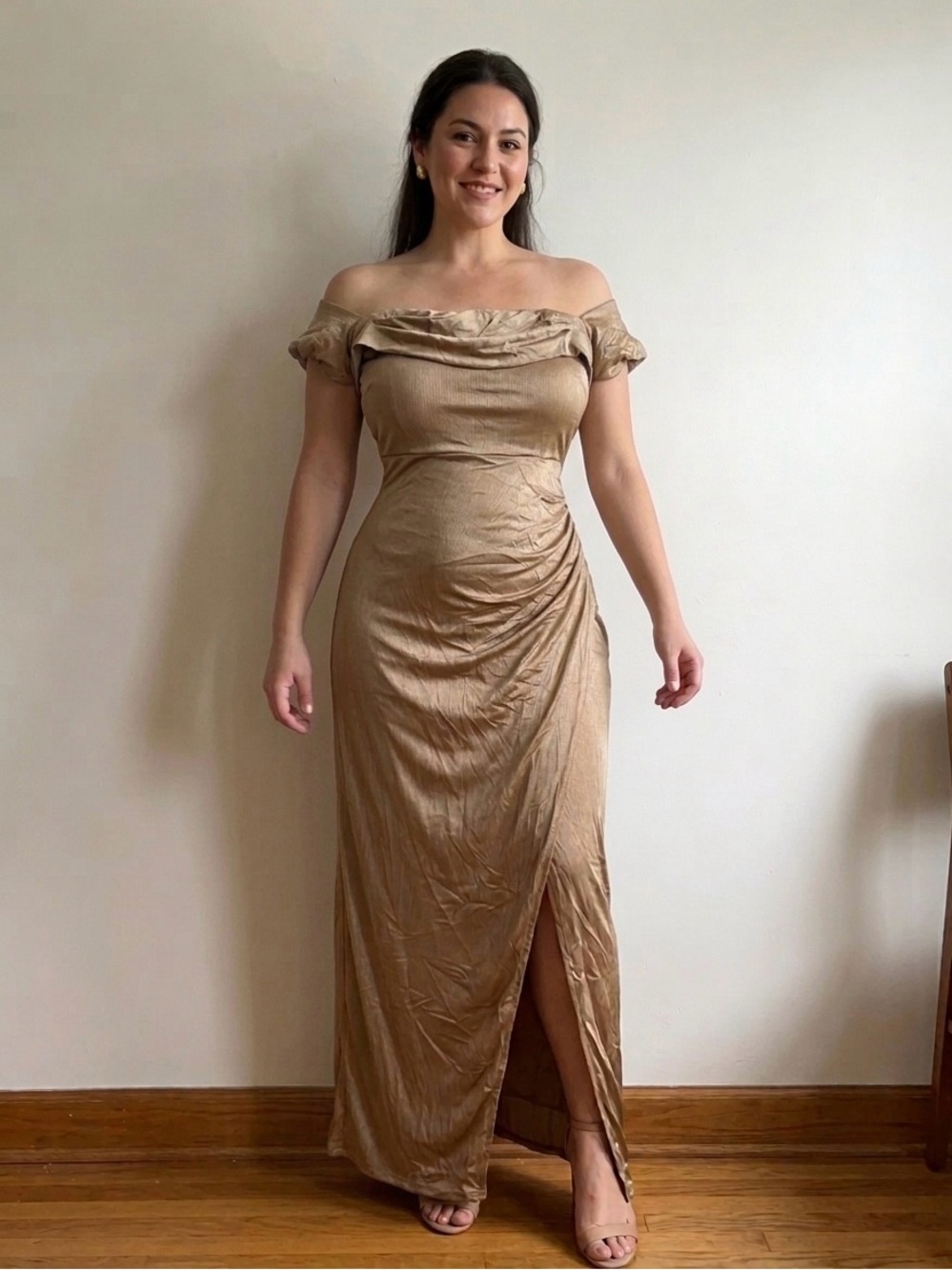 Popilush Off Shoulder Ruched Shapewear Maxi Dress Gold XXL